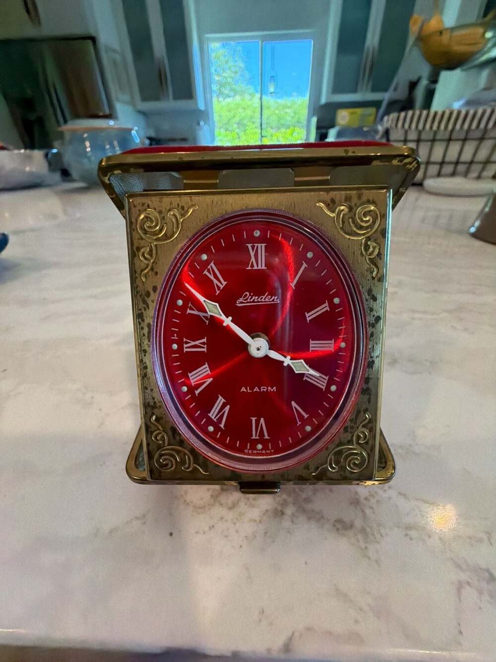 Vintage Linden Germany Travel Alarm Clock with Red Dial and Brass Case
